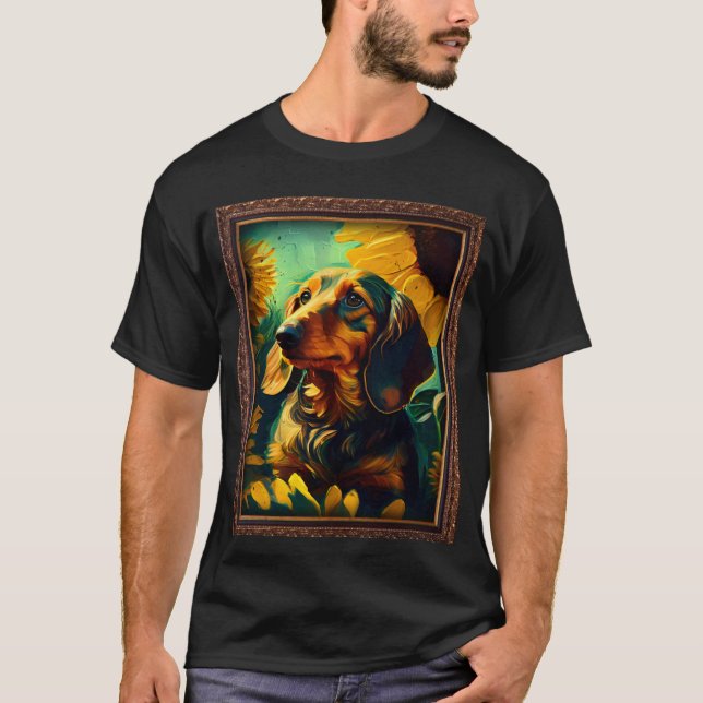 Dachshund Doxie Weenie Painting Sunflower Flower M T-Shirt (Vorderseite)