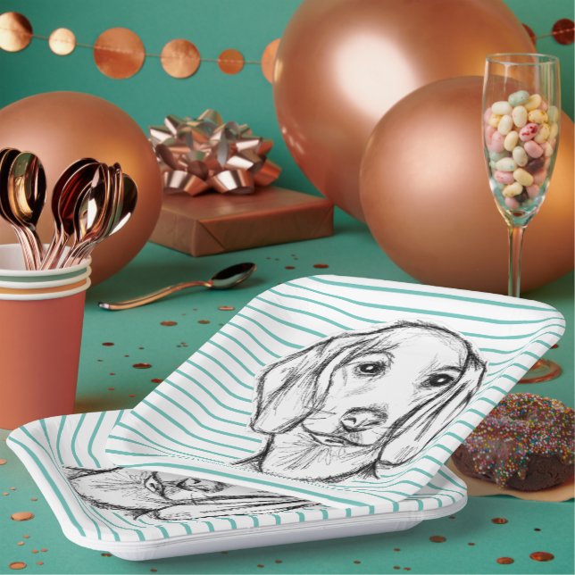 Dachshund Drawn Sketch Black Puppy Dog Pappteller (Multi)
