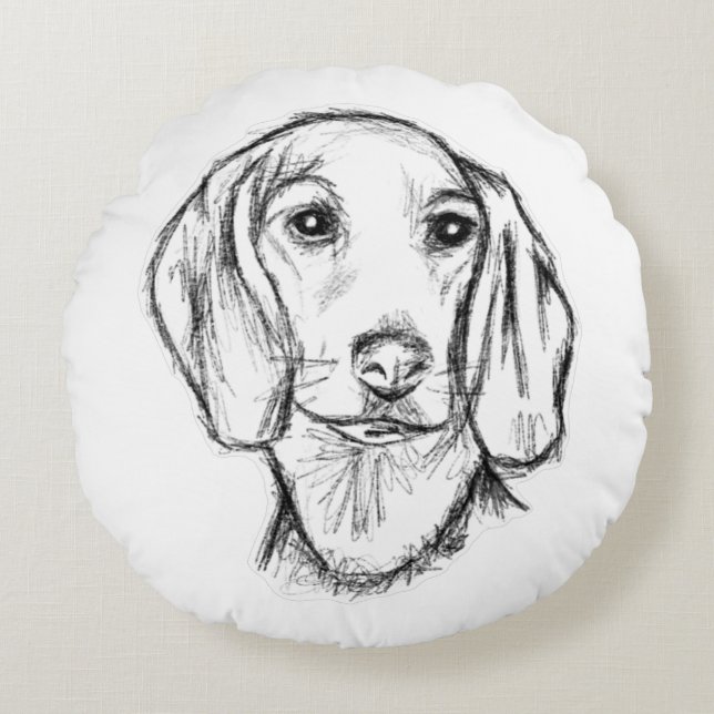 Dachshund Drawn Sketch Black Puppy Dog Rundes Kissen (Vorderseite)