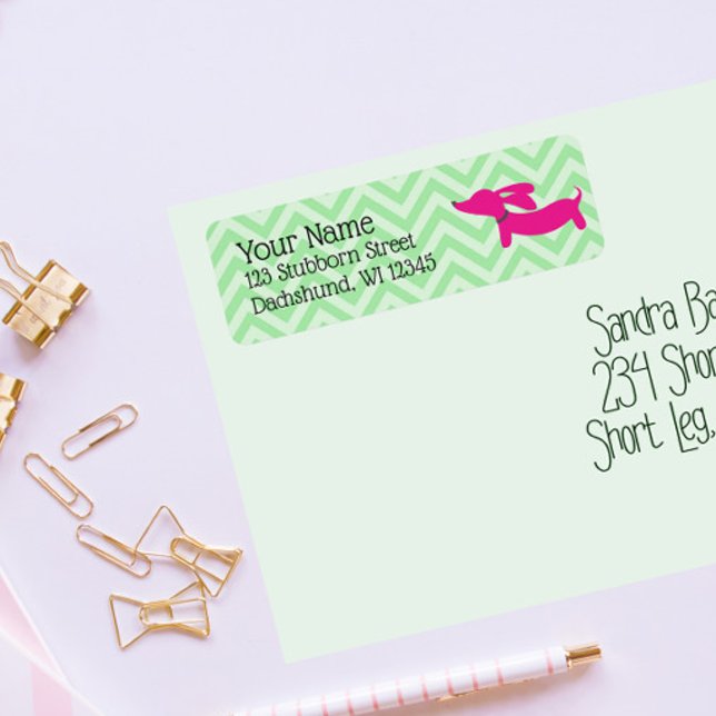 Dachshund Étiquette de adresse Preppy rose et vert (preppy pink and green dachshund envelope return address labels)