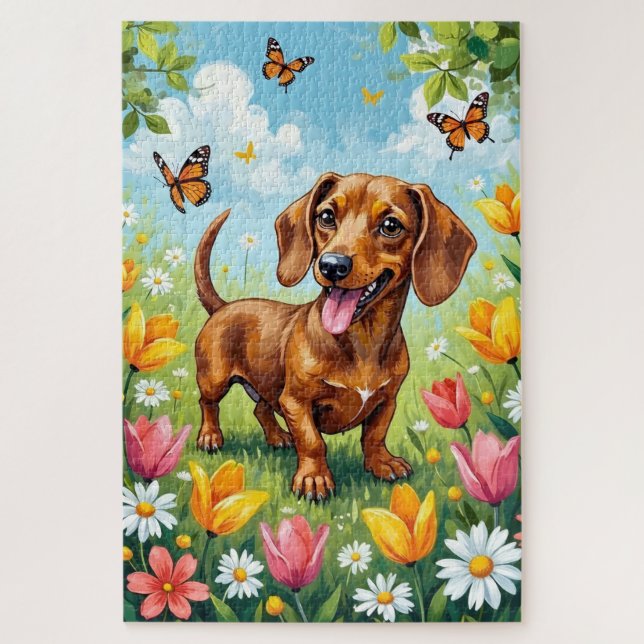 Dachshund Frühlingsblumen Süßer Hund (Vertikal)