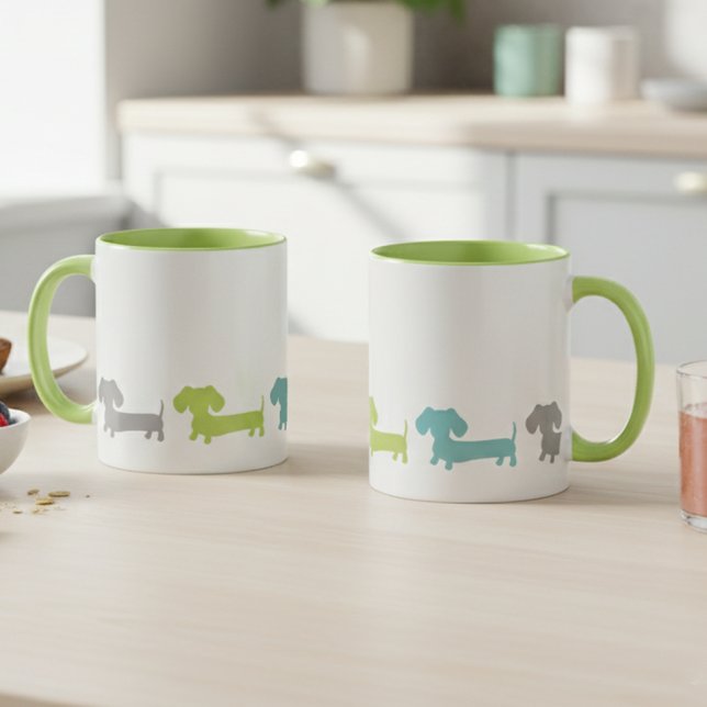 Dachshund Green Blue Coffee Mug (modern dachshund mug with teal, green and gray wiener dogs)