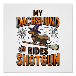 Dachshund Halloween Hexen Besen fährt Shotgun-Shir Poster