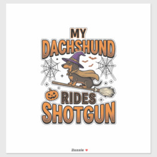 Dachshund Halloween Hexen Besen fährt Shotgun T-Sh Aufkleber
