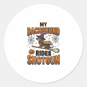 Dachshund Halloween Hexenbesen fährt Shotgun-Shirt Runder Aufkleber