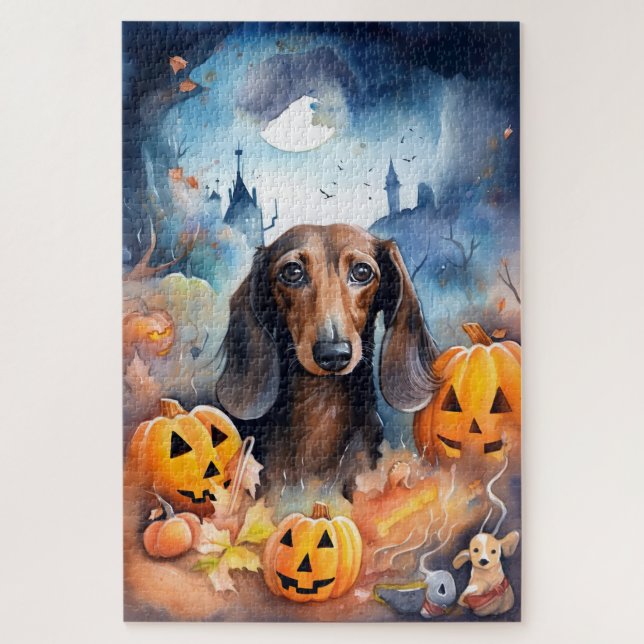 Dachshund Halloween mit Kürbissen Gruselig (Vertikal)