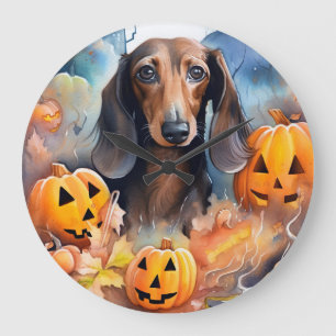 Dachshund Halloween mit Kürbissen Gruselig Große Wanduhr