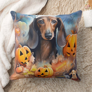Dachshund Halloween mit Kürbissen Gruselig Kissen