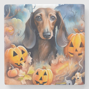 Dachshund Halloween mit Kürbissen Gruselig Steinuntersetzer