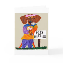 Dachshund-Hippie an Schild 'Keine Hippies'