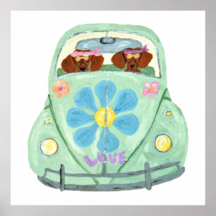 Dachshund-Hippies in ihrem Blumenliebesauto Poster