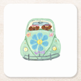 Dachshund-Hippies in ihrem Blumenliebesauto Rechteckiger Pappuntersetzer