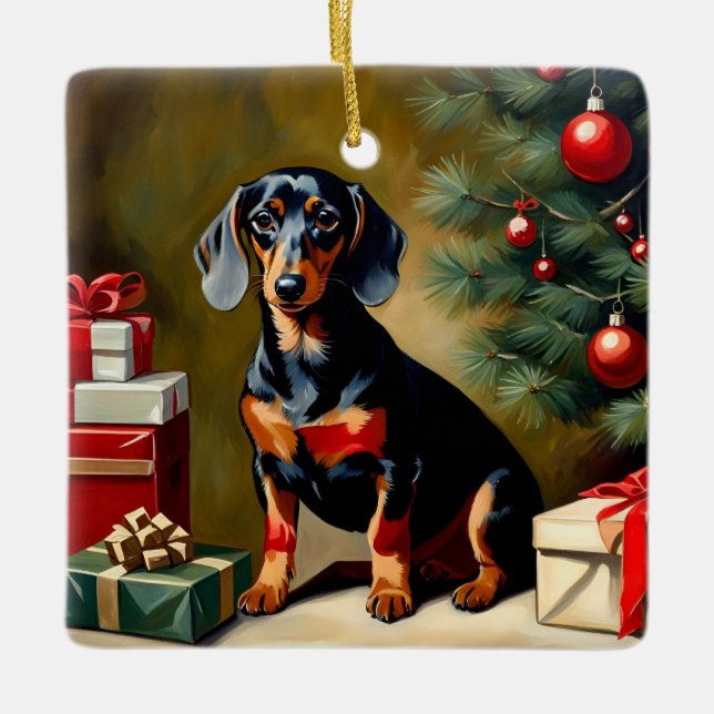 Dachshund Holiday Illustration Keramikornament (Vorderseite)
