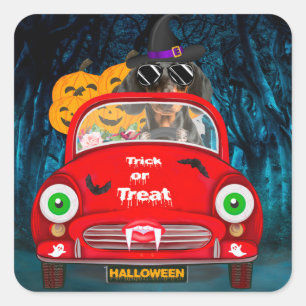 Dachshund Hund fährt Auto Gruseliges Halloween  Quadratischer Aufkleber