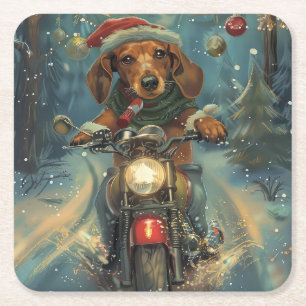 Dachshund Hund fährt Motorrad Weihnachten Rechteckiger Pappuntersetzer