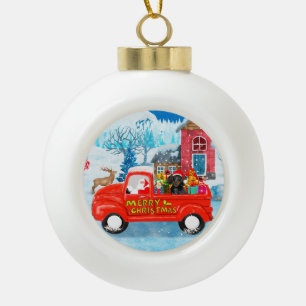 Dachshund-Hund im Weihnachtslieferwagen Schnee Keramik Kugel-Ornament
