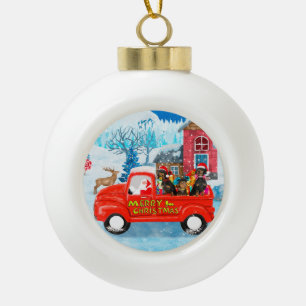 Dachshund-Hund im Weihnachtslieferwagen Schnee Keramik Kugel-Ornament