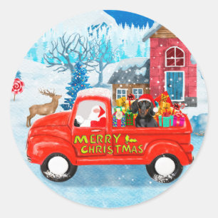 Dachshund-Hund im Weihnachtslieferwagen Schnee Runder Aufkleber