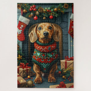 Dachshund-Hund mit Weihnachtsgeschenken Kamin