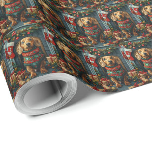 Dachshund-Hund mit Weihnachtsgeschenken Kamin Geschenkpapier