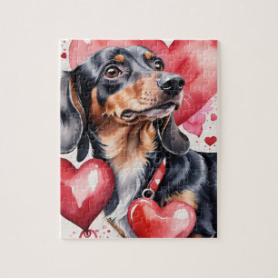 Dachshund-Hund-Porträt Wasserfarbe Valentinstag
