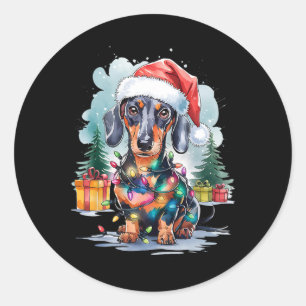 Dachshund Hund Santa Hut Weihnachtslichter Baum Wi Runder Aufkleber