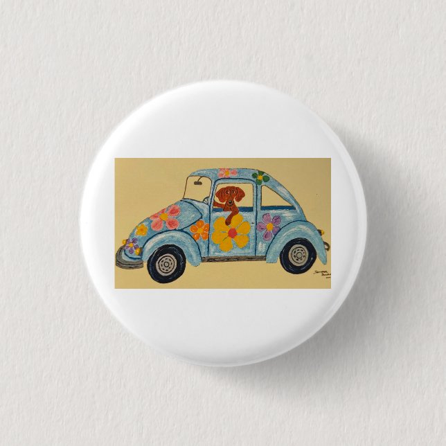 Dachshund in Hippie car  Button (Vorderseite)