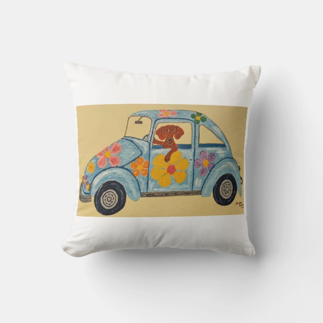 Dachshund in Hippie car Kissen (Vorderseite)