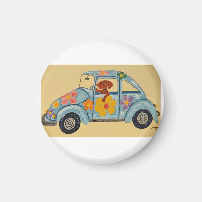 Dachshund in Hippie car  Magnet (Vorne)