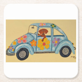 Dachshund in Hippie car  Rechteckiger Pappuntersetzer