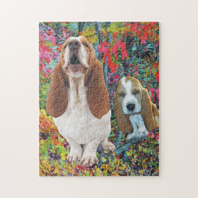 Dachshund-Jagdhund-Mama u. Welpe im Herbst (Vertikal)