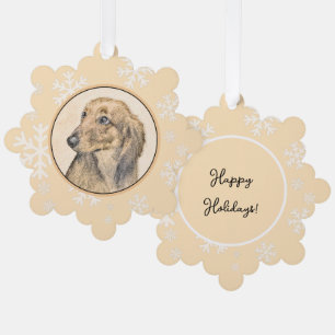 Dachshund (Langhaar) Malerei Originale Hunde Kunst Ornament Karte