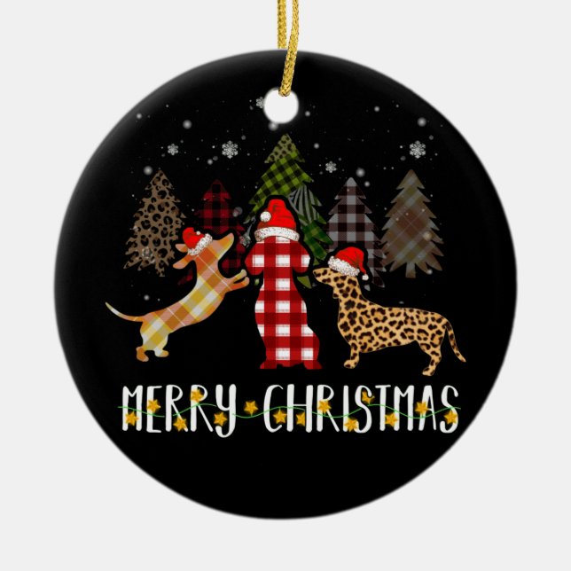 Dachshund Merry Christmas Cute Plaid Leopard Doxie Keramik Ornament (Vorne)