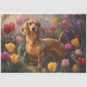Dachshund mit Frühlings-Tulpen Malerei Decoupage Seidenpapier