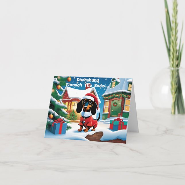 Dachshund Par La Neige... Carte de Noël (Devant)