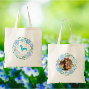 Dachshund Pastell Blau Blumenkranz - Personalisier Tragetasche