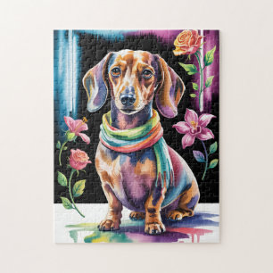 Dachshund-Porträt in Neonlicht und floraler Rahmun
