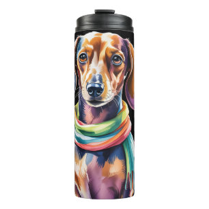 Dachshund-Porträt in Neonlicht und floraler Rahmun Thermosbecher