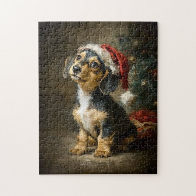 Dachshund Puppy Christmas Painting (Vertikal)