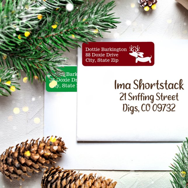 Dachshund Reindeer Red Christmas Étiquettes de adr (Wiener dog Christmas reindeer return address labels)