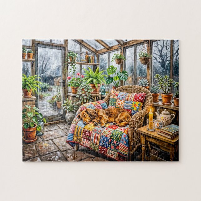 Dachshund ruht auf Patchwork-Stuhl in Greenh (Horizontal)