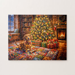 Dachshund ruht neben einem gemütlichen Weihnachtsb