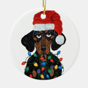 Dachshund Santa verheddert in Weihnachtslichtern Keramikornament