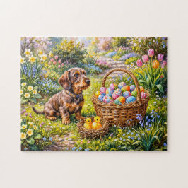 Dachshund sitzt mit Osterkorb im Garten