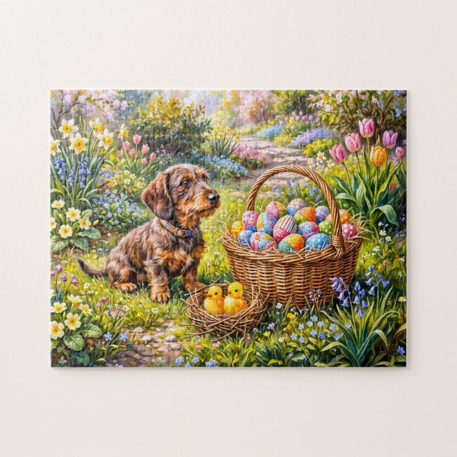 Dachshund sitzt mit Osterkorb im Garten (Horizontal)