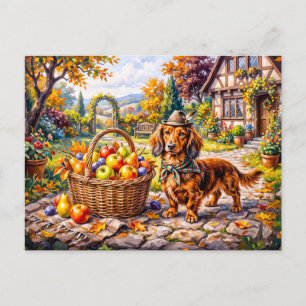 Dachshund sitzt neben Äpfeln Kürbisse Herbst Ga Postkarte