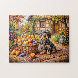 Dachshund sitzt neben Obstkorb Herbstbauernhof