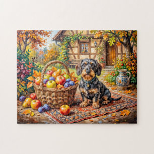 Dachshund sitzt neben Obstkorb Herbstbauernhof