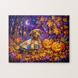 Dachshund sitzt zwischen Kürbissen unter herbstlic