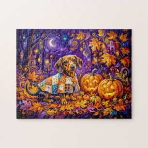 Dachshund sitzt zwischen Kürbissen unter herbstlic